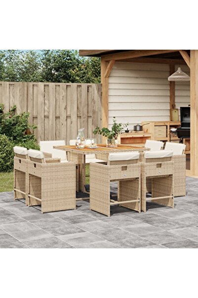 vidaxl Set de masa pentru gradina, 9 piese, cu perne, bej, poliratan
