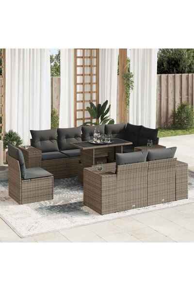 vidaxl Set canapele de gradina, 9 piese, cu perne, gri, poliratan