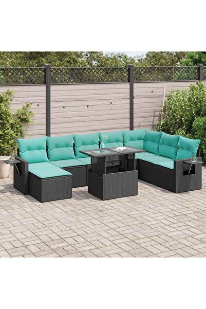 vidaxl Set mobilier gradina perne 9 piese negru poliratan/lemn acacia
