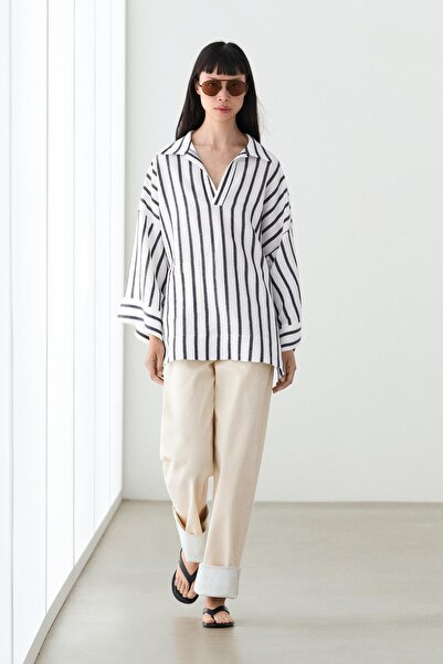Massimo Dutti Çizgili keten oversize gömlek