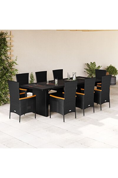 vidaxl Set mobilier de gradina cu perne, 9 piese, negru, poliratan