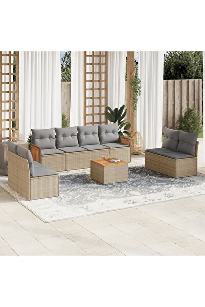 vidaxl Set canapele de gradina, 9 piese, cu perne, bej, poliratan