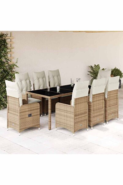 vidaxl Set bistro de gradina, 9 piese, cu perne, bej, poliratan