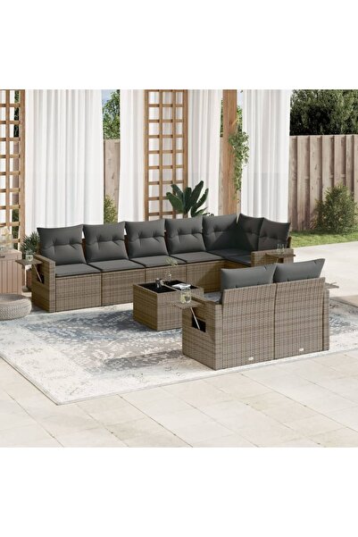 vidaxl Set canapele de gradina, 9 piese, cu perne, gri, poliratan