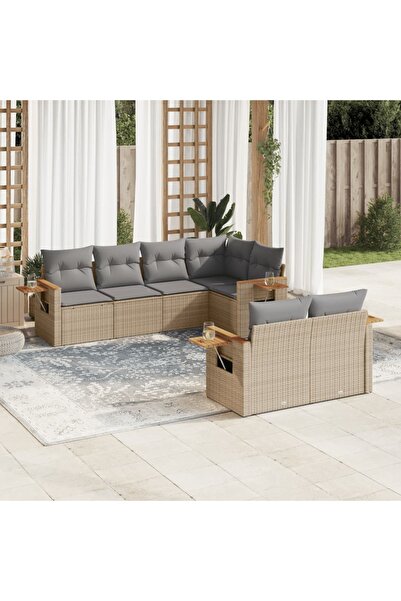 vidaxl Set canapele de gradina, 7 piese, cu perne, bej, poliratan