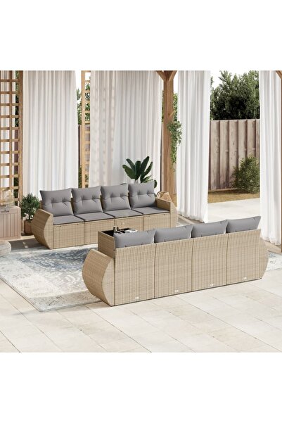 vidaxl Set canapele de gradina, 9 piese, cu perne, bej, poliratan