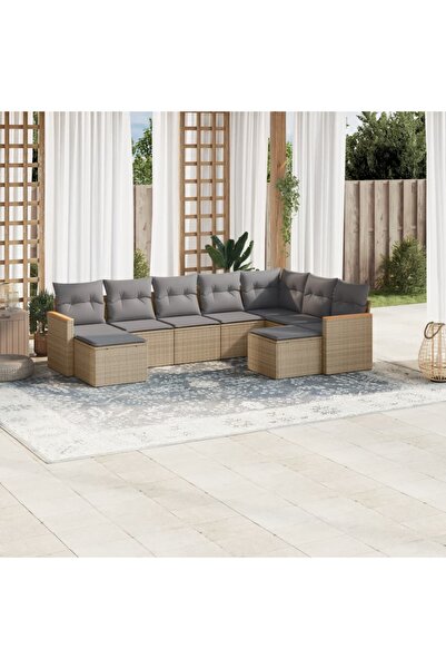 vidaxl Set canapele de gradina, 9 piese, cu perne, bej, poliratan