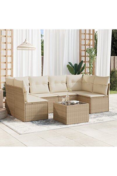 vidaxl Set canapele de gradina, 7 piese, cu perne, bej, poliratan