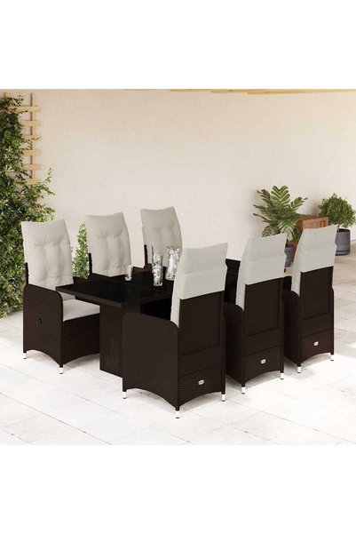 vidaxl Set bistro de gradina cu perne, 7 piese, maro, poliratan