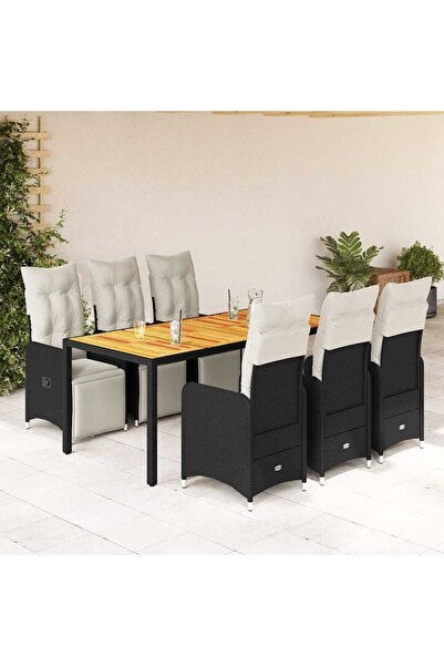 vidaxl Set bistro de gradina, 7 piese, cu perne, negru, poliratan