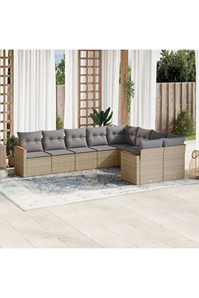 vidaxl Set canapele de gradina, 9 piese, cu perne, bej, poliratan