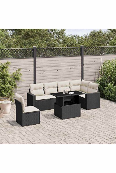 vidaxl Set canapele de gradina cu perne, 7 piese, negru, poliratan