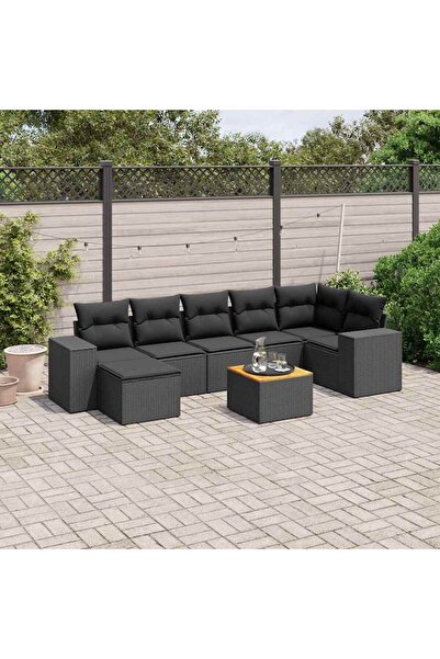 vidaxl Set mobilier de gradina cu perne, 8 piese, negru, poliratan