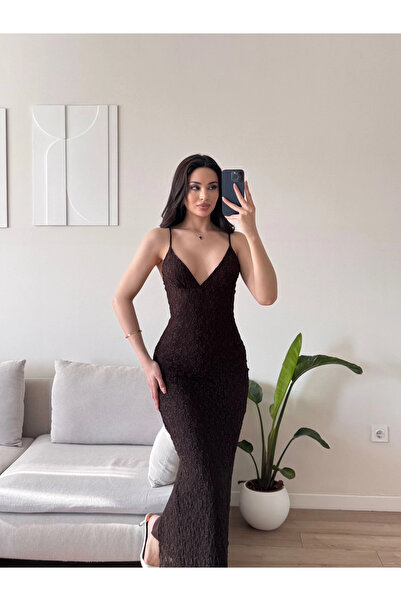 Zoom Butik Astarlı Yırtmaç Detay Dantel Elbise - KAHVE