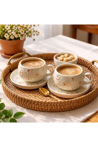 DDHANDMADE Seramik El Yapımı Dekoratif Papatya Kupa Bardak Fincan Takımı Çay ...