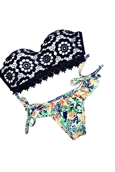 VeeShop Costum de baie BOHO cu dantela si slip cu fustita floral