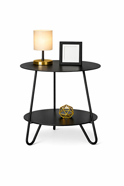 mazory decor Modern Siyah Metal 2 Katlı Yan Sehpa - Yuvarlak Dekoratif Fiskos...