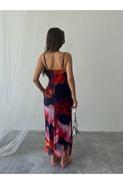 Butik Kırmızı Karışık Desenli Degaje Yaka Asansör Askılı Astarlı Tül Elbise