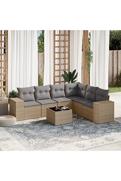 vidaxl Garden sofa set, 7 pieces, with cushions, beige, polyrattan