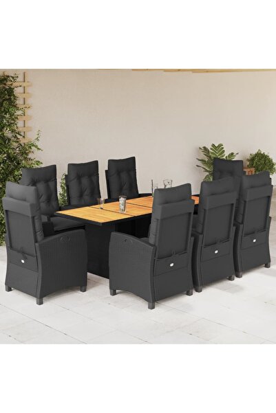 vidaxl Garden furniture set with cushions, 9 pieces, black, polyrattan