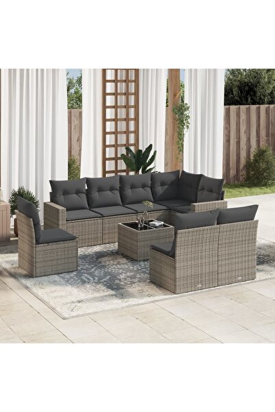 vidaxl Set canapele de gradina, 9 piese, cu perne, gri, poliratan