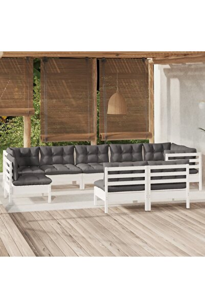 vidaxl Set mobilier de gradina cu perne, 9 piese, alb, lemn masiv pin