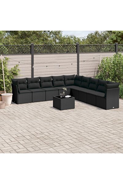vidaxl Garden sofa set with cushions, 10 pieces, black, polyrattan