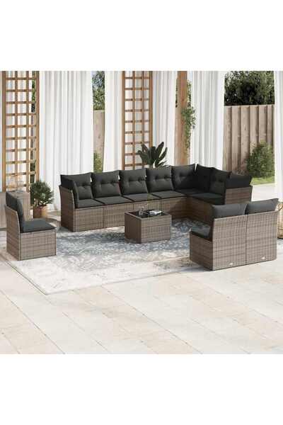 vidaxl Garden sofa set with cushions, 11 pieces, grey, polyrattan
