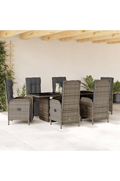 vidaxl Garden furniture set with cushions, 7 pieces, grey, polyrattan