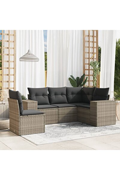 vidaxl Garden sofa set with cushions, 5 pieces, grey, polyrattan