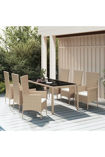 vidaxl 7-piece garden table set with cushions, beige, polyrattan