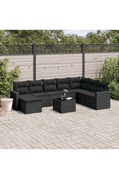vidaxl Set mobilier de gradina cu perne, 9 piese, negru, poliratan