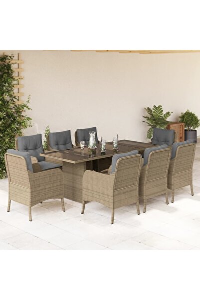 vidaxl 9-piece garden table set with cushions, beige, polyrattan
