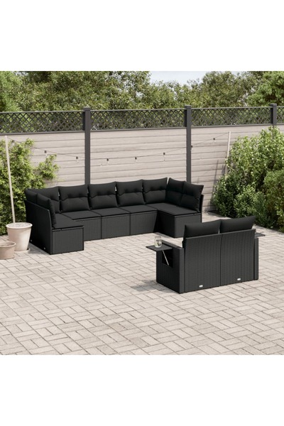 vidaxl Garden furniture set with cushions, 9 pieces, black, polyrattan