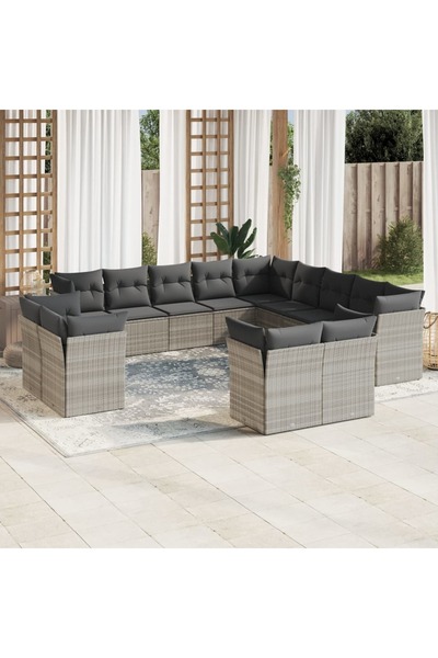 vidaxl Garden sofa set with cushions, 13 pieces, light grey polyrattan