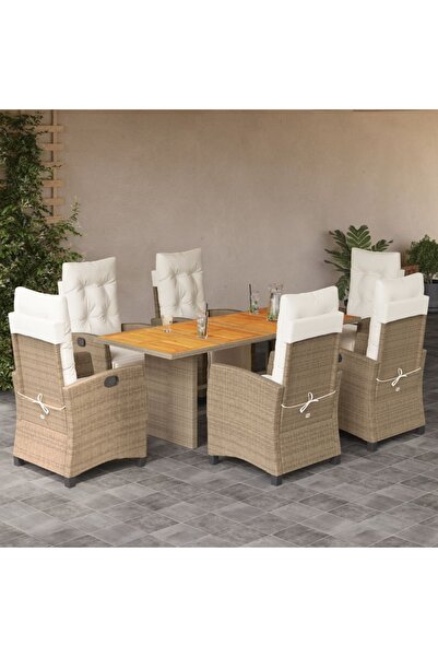 vidaxl 7-piece garden table set with cushions, beige, polyrattan