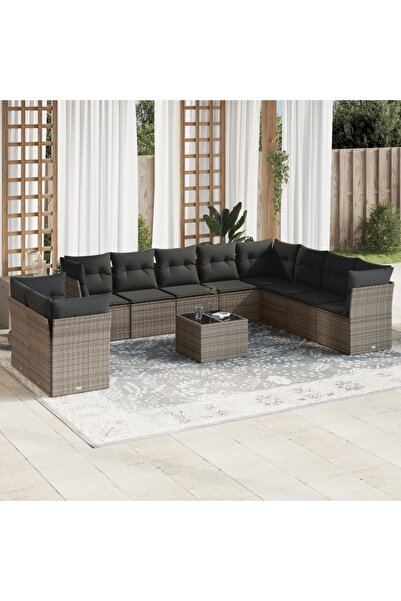 vidaxl Garden sofa set with cushions, 11 pieces, grey, polyrattan
