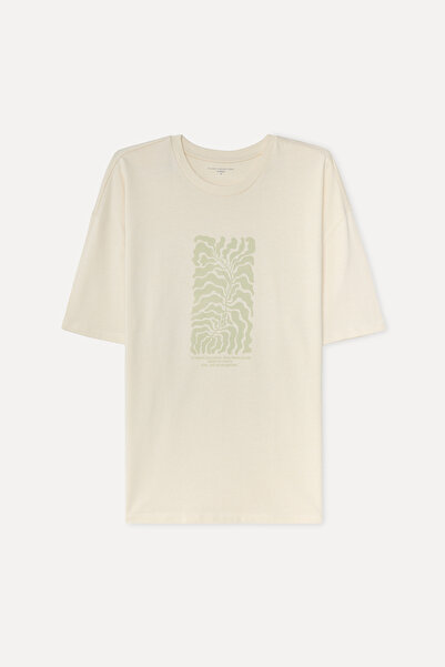 Mudo Men's Stone Color Printed Oversize Crew Neck T-Shirt