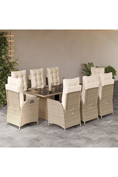 vidaxl 9-piece garden table set with cushions, beige, polyrattan
