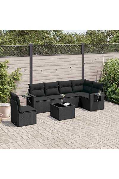 vidaxl Set canapele de gradina cu perne, 7 piese, negru, poliratan