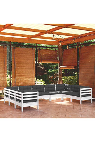 vidaxl Set mobilier de gradina cu perne, 9 piese, alb, lemn masiv pin