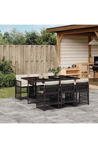 vidaxl Garden furniture set with cushions, 7 pieces, black, polyrattan