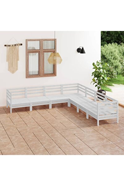 vidaxl Set mobilier de gradina, 7 piese, alb, lemn masiv de pin