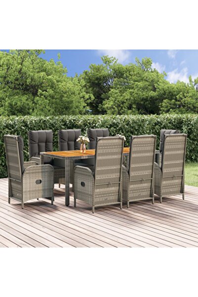 vidaxl Garden furniture set with cushions, 9 pieces, grey, polyrattan
