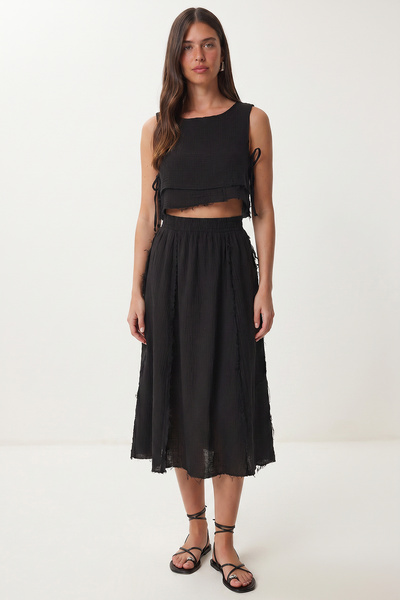 Lovelyİstanbul Muslin Blouse Skirt Set Lax0012 Black