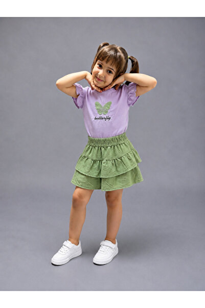 Stilera Girls' Butterfly Printed Ruffled Sleeves T-Shirt and Linen Skirt Set