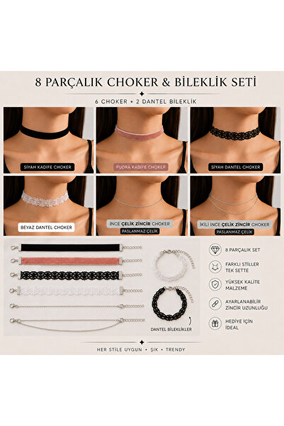 Liora De Mar 8-Piece Velvet & Lace Choker Set – Y2K Aesthetic Steel Necklace ...