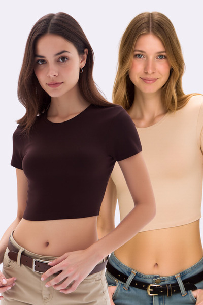Pearlune Women's 2-Piece Crew Neck Short Sleeve Cotton Flexible Basic Crop To...