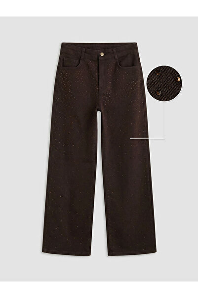 LC Waikiki Kahverengi Wideleg Taşlı Kız Çocuk Jean Pantolon