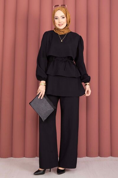 EBRUTESETTÜR Layered Lace Detailed Double Hijab Set Black